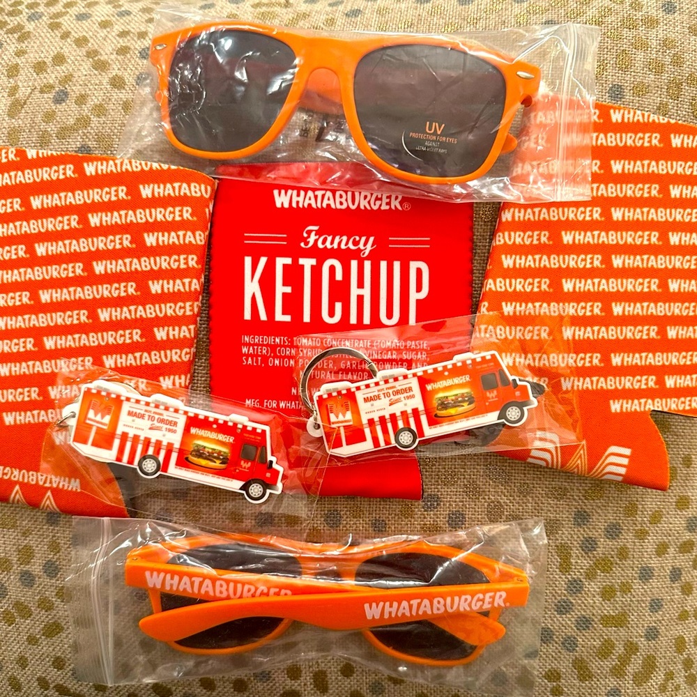 Whataburger Swag Bundle - Koozies (3), Keychains (2), Sunglasses (2)